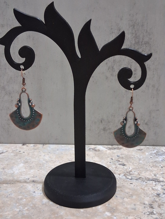 Jewelry - Copper Fan-Shaped Drop Earrings - Green and Brown